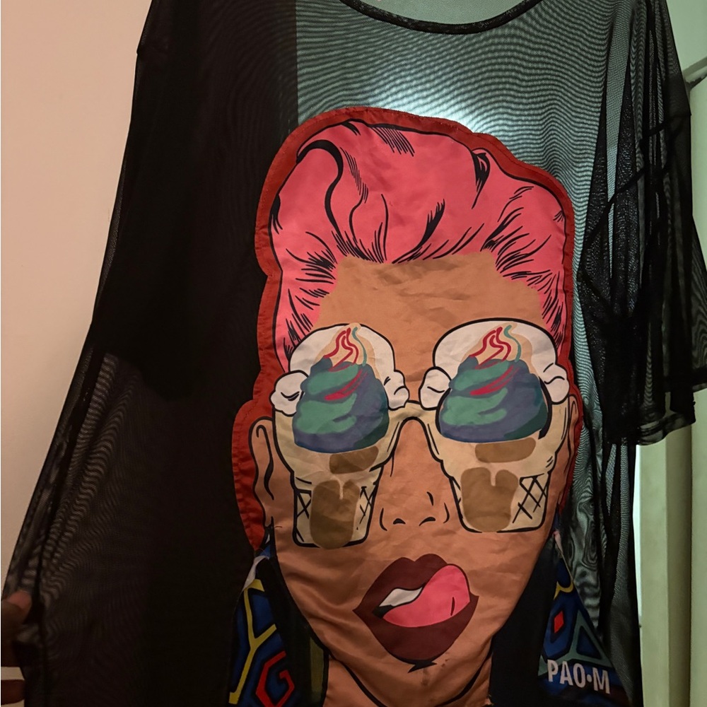 Graphic Mesh Tunic Top with Colorful Retro Face Print